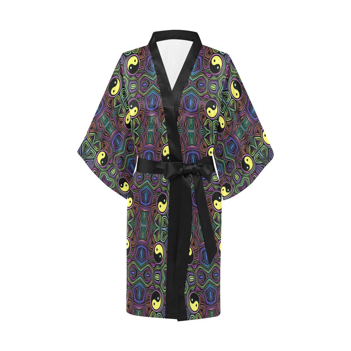 Yin Yang Neon Color Design Print Women Short Kimono Robe