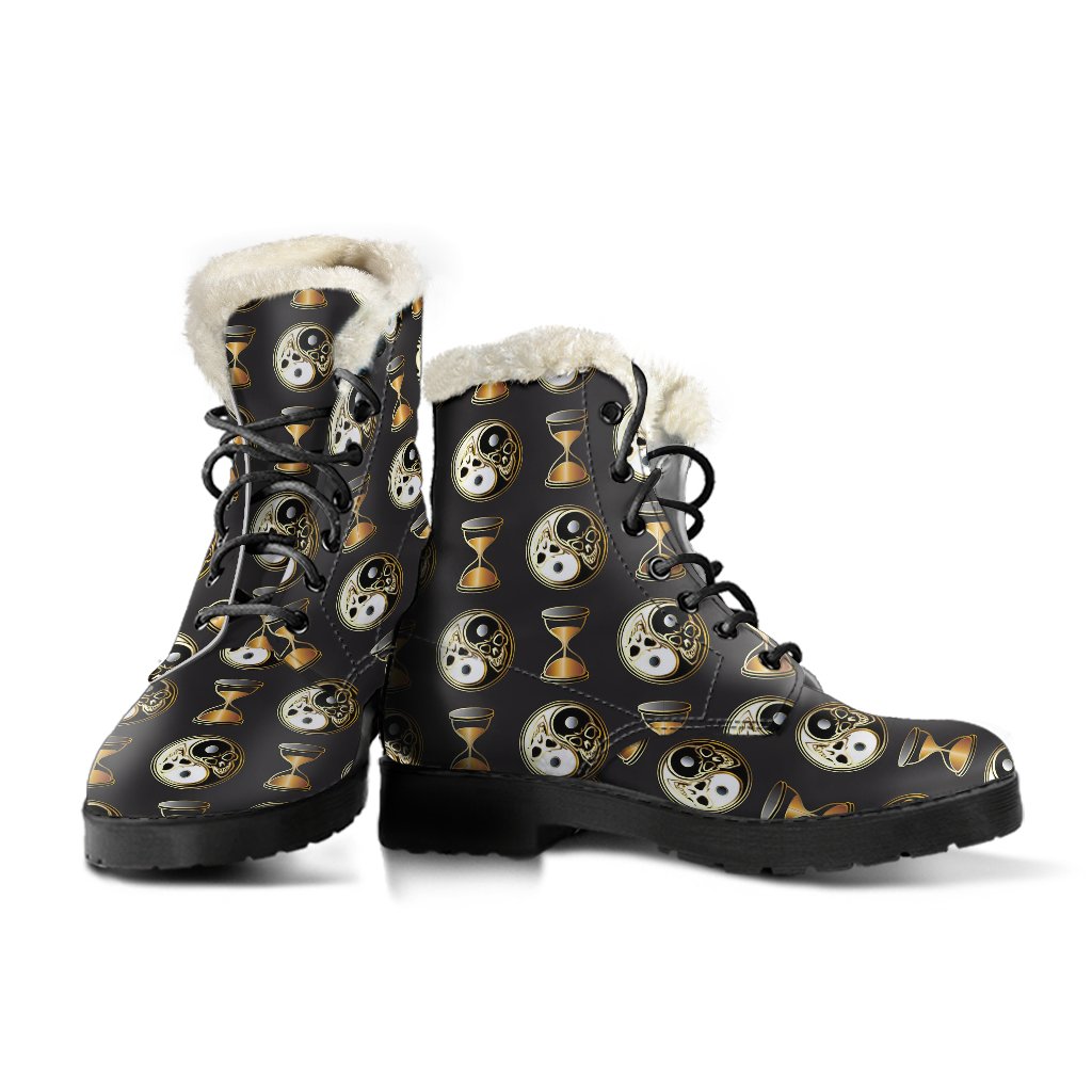 Yin Yang Skull Themed Design Print Faux Fur Leather Boots-JTAMIGO.COM