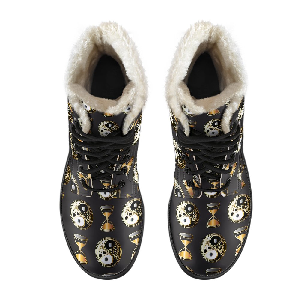 Yin Yang Skull Themed Design Print Faux Fur Leather Boots-JTAMIGO.COM