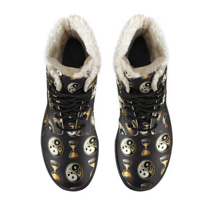 Yin Yang Skull Themed Design Print Faux Fur Leather Boots-JTAMIGO.COM