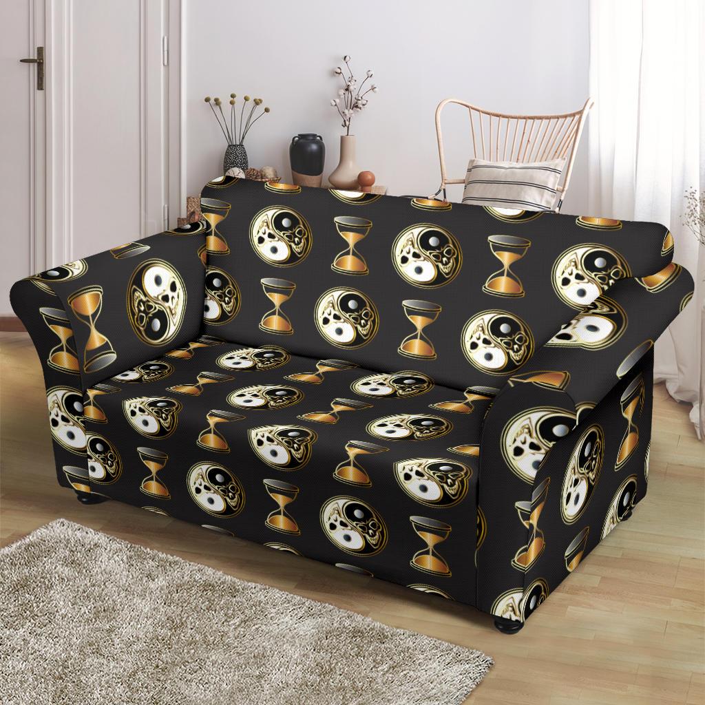 Yin Yang Skull Themed Design Print Loveseat Slipcover-JTAMIGO.COM