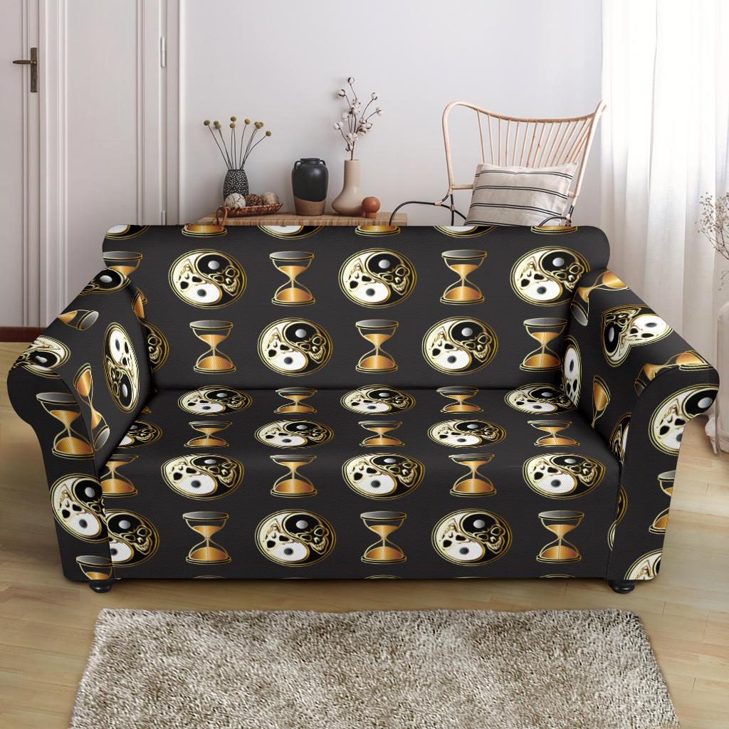 Yin Yang Skull Themed Design Print Loveseat Slipcover-JTAMIGO.COM