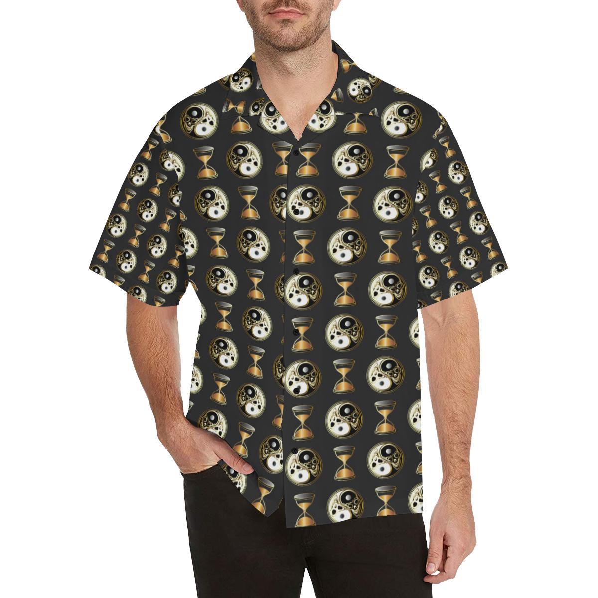 Yin Yang Skull Themed Design Print Men Aloha Hawaiian Shirt