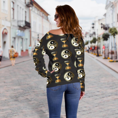 Yin Yang Skull Themed Design Print Off Shoulder Sweatshirt