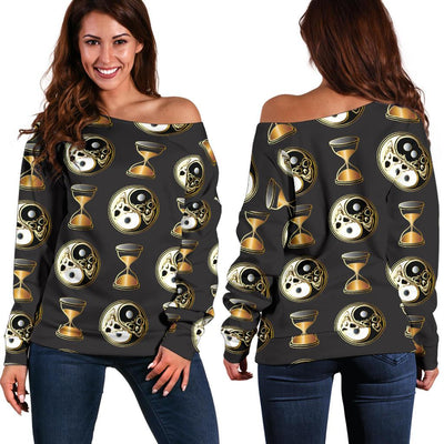 Yin Yang Skull Themed Design Print Off Shoulder Sweatshirt