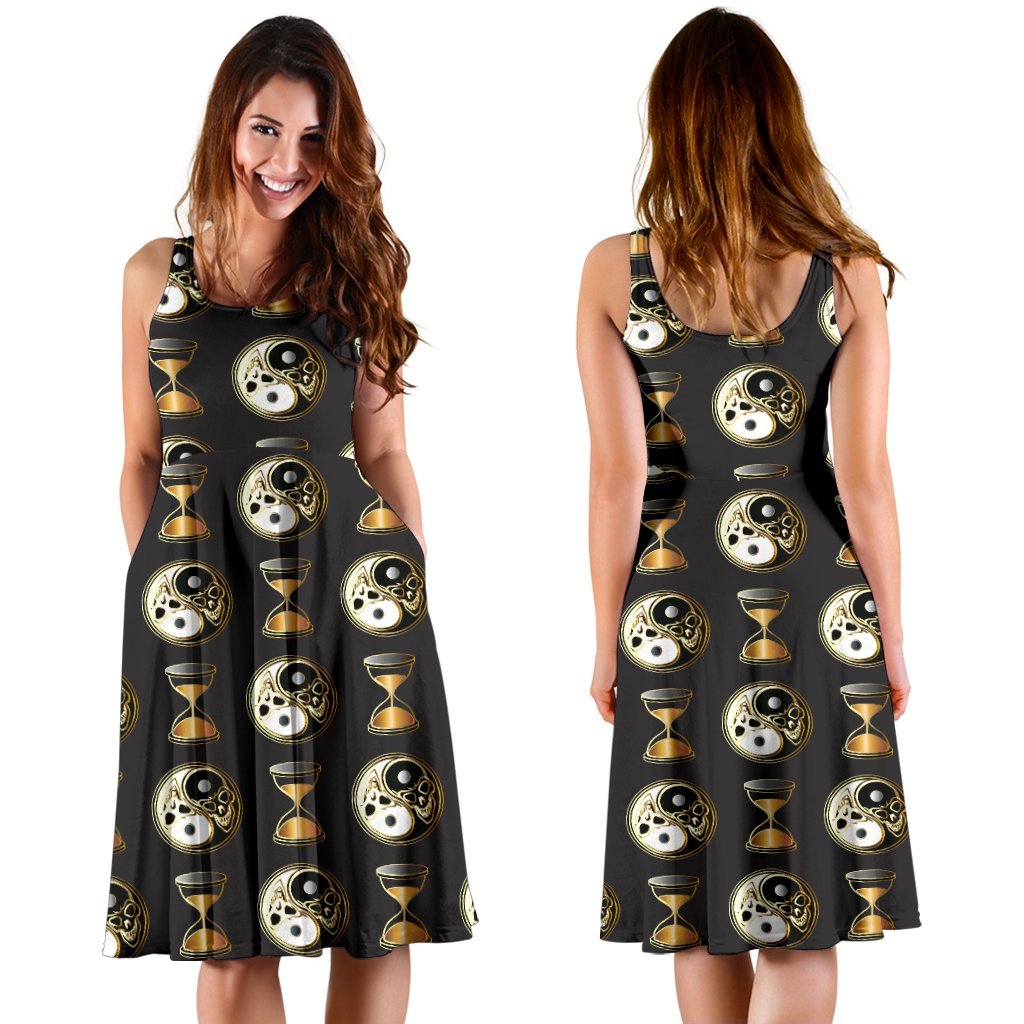 Yin Yang Skull Themed Design Print Sleeveless Dress