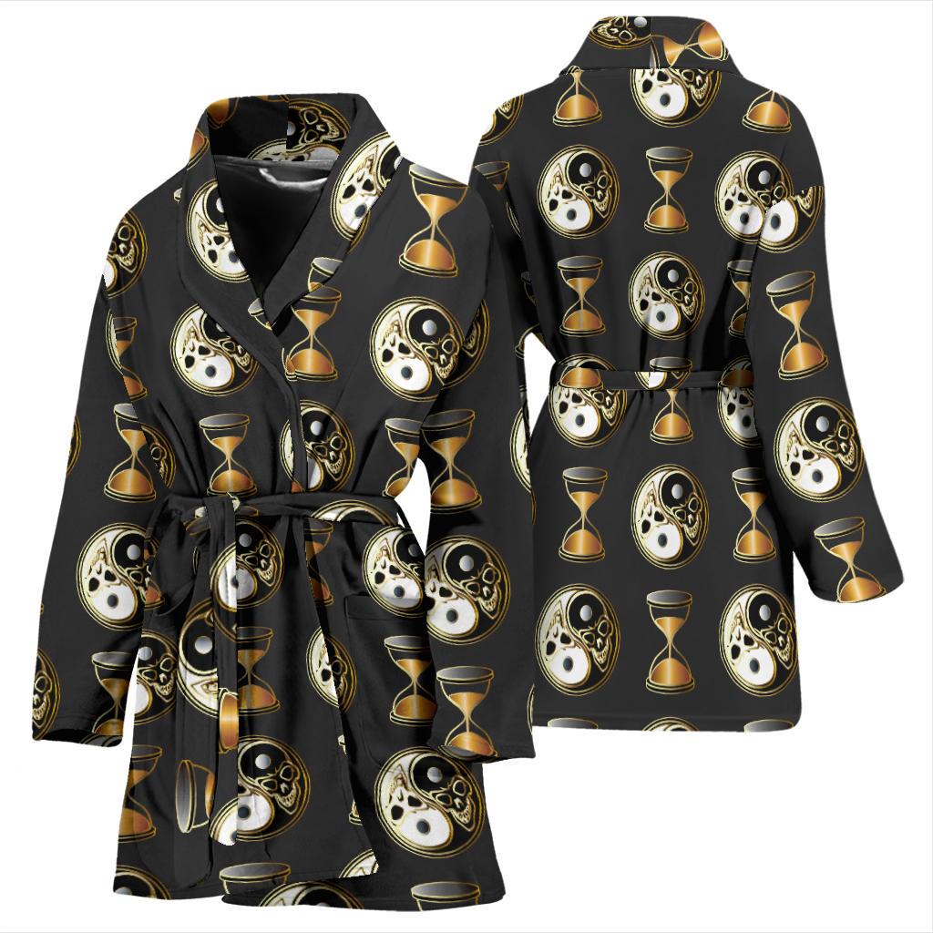 Yin Yang Skull Themed Design Print Women Bath Robe-JTAMIGO.COM