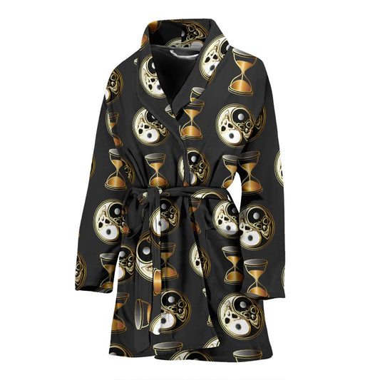 Yin Yang Skull Themed Design Print Women Bath Robe-JTAMIGO.COM