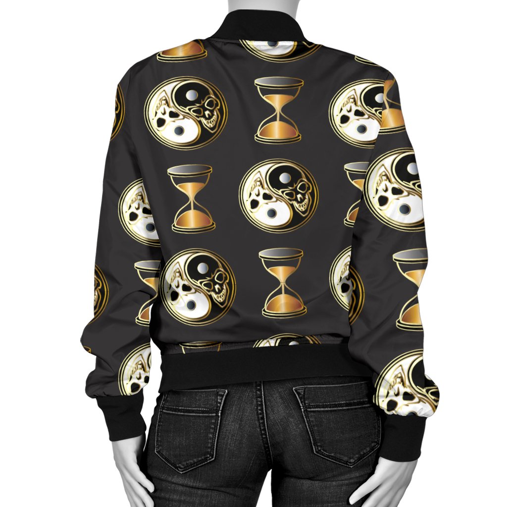 Yin Yang Skull Themed Design Print Women Casual Bomber Jacket
