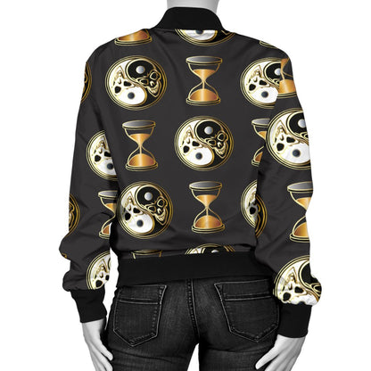 Yin Yang Skull Themed Design Print Women Casual Bomber Jacket
