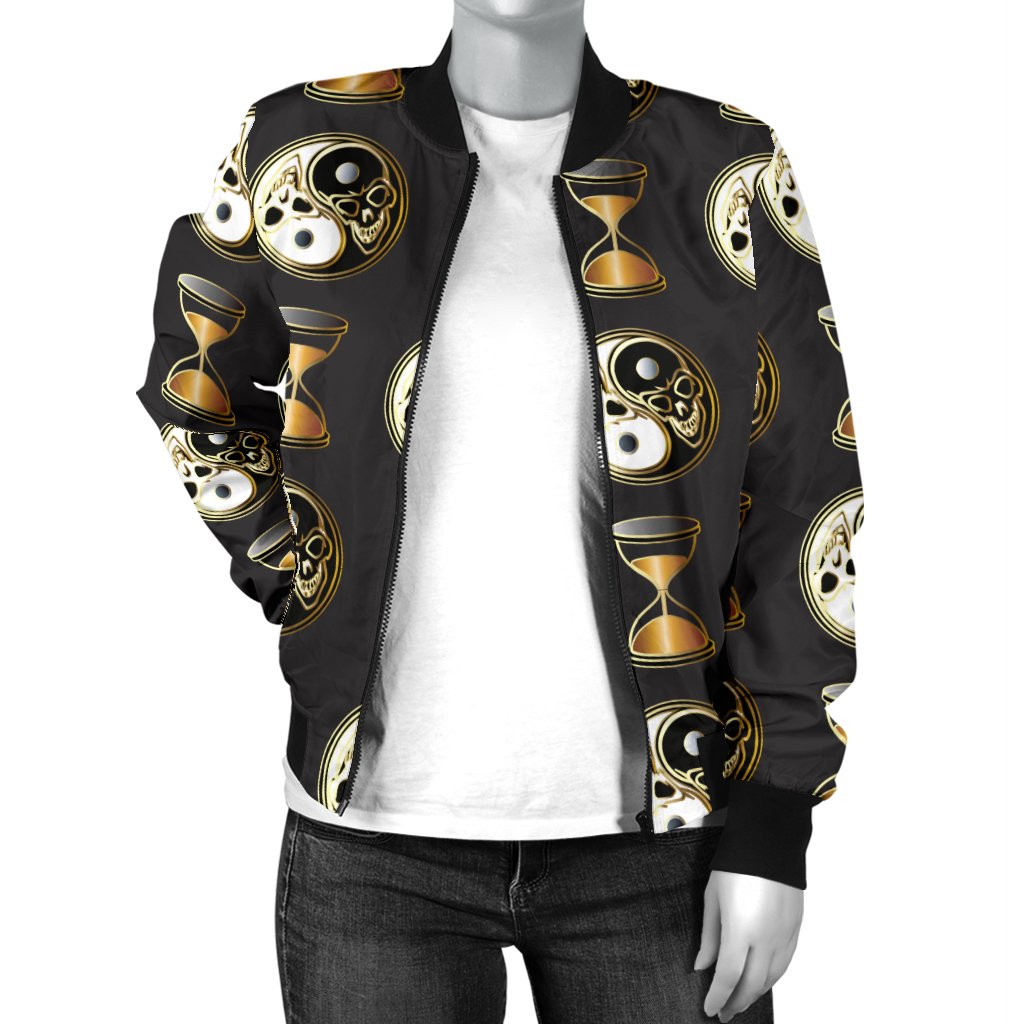 Yin Yang Skull Themed Design Print Women Casual Bomber Jacket