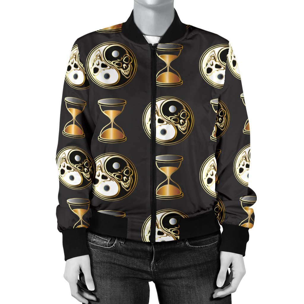 Yin Yang Skull Themed Design Print Women Casual Bomber Jacket