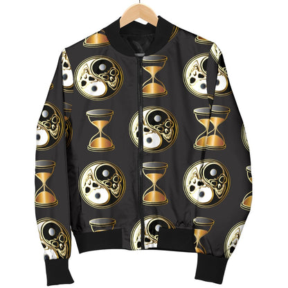 Yin Yang Skull Themed Design Print Women Casual Bomber Jacket