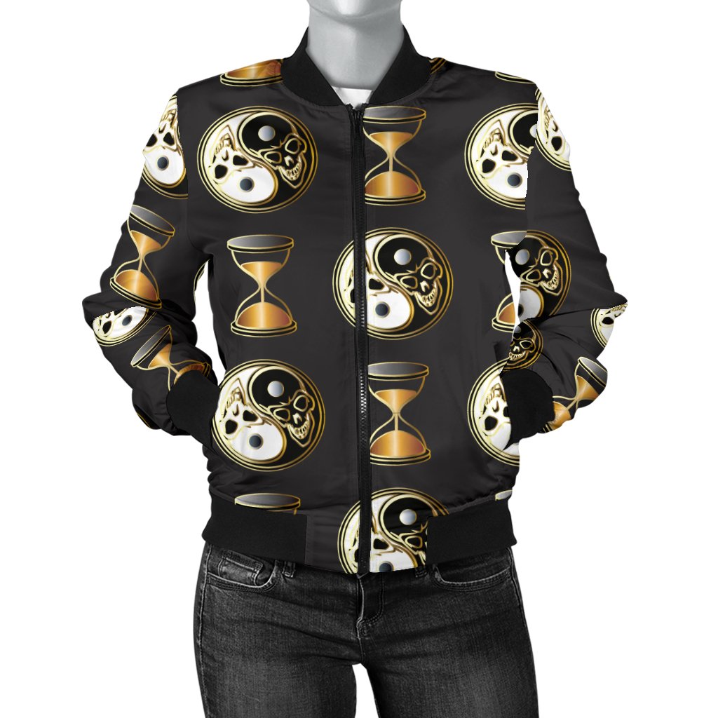 Yin Yang Skull Themed Design Print Women Casual Bomber Jacket