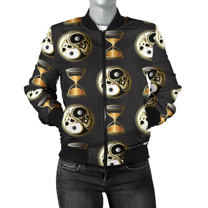 Yin Yang Skull Themed Design Print Women Casual Bomber Jacket