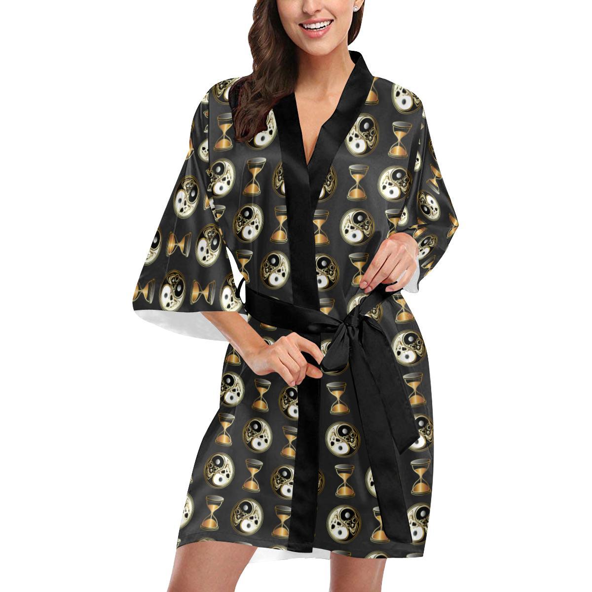 Yin Yang Skull Themed Design Print Women Short Kimono Robe