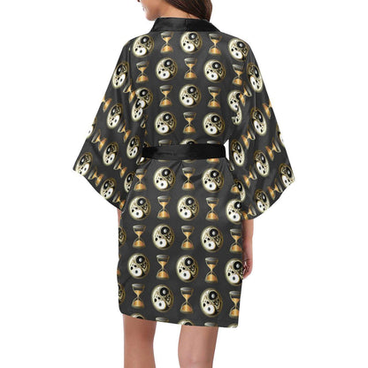 Yin Yang Skull Themed Design Print Women Short Kimono Robe