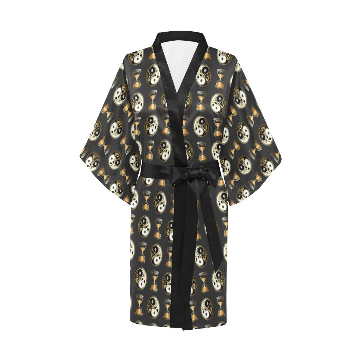Yin Yang Skull Themed Design Print Women Short Kimono Robe