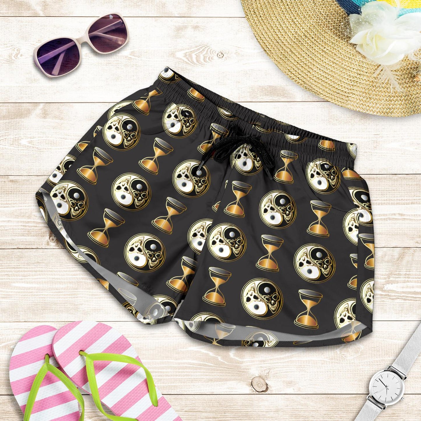 Yin Yang Skull Themed Design Print Women Shorts-JTAMIGO.COM