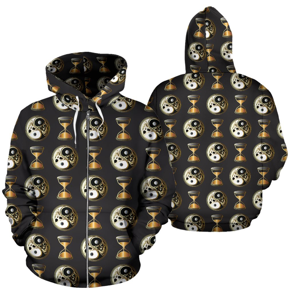 Yin Yang Skull Themed Design Print Zip Up Hoodie