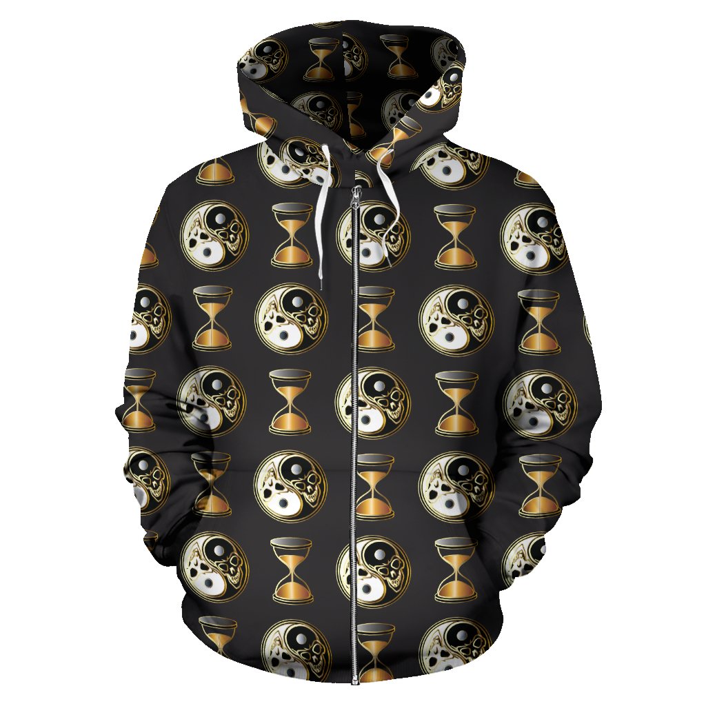Yin Yang Skull Themed Design Print Zip Up Hoodie