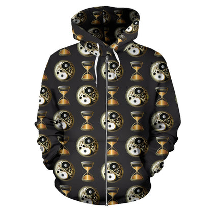 Yin Yang Skull Themed Design Print Zip Up Hoodie