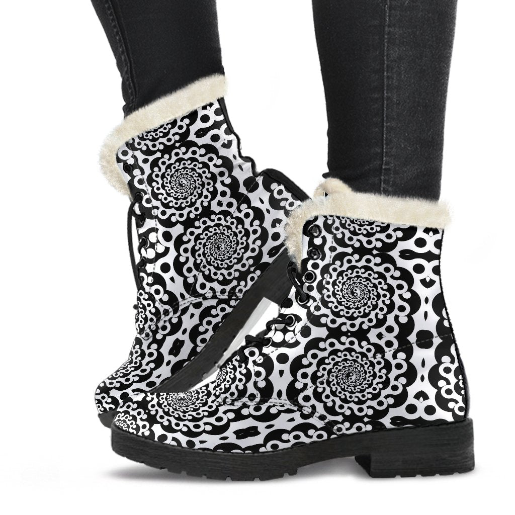 Yin Yang Spiral Design Print Faux Fur Leather Boots-JTAMIGO.COM
