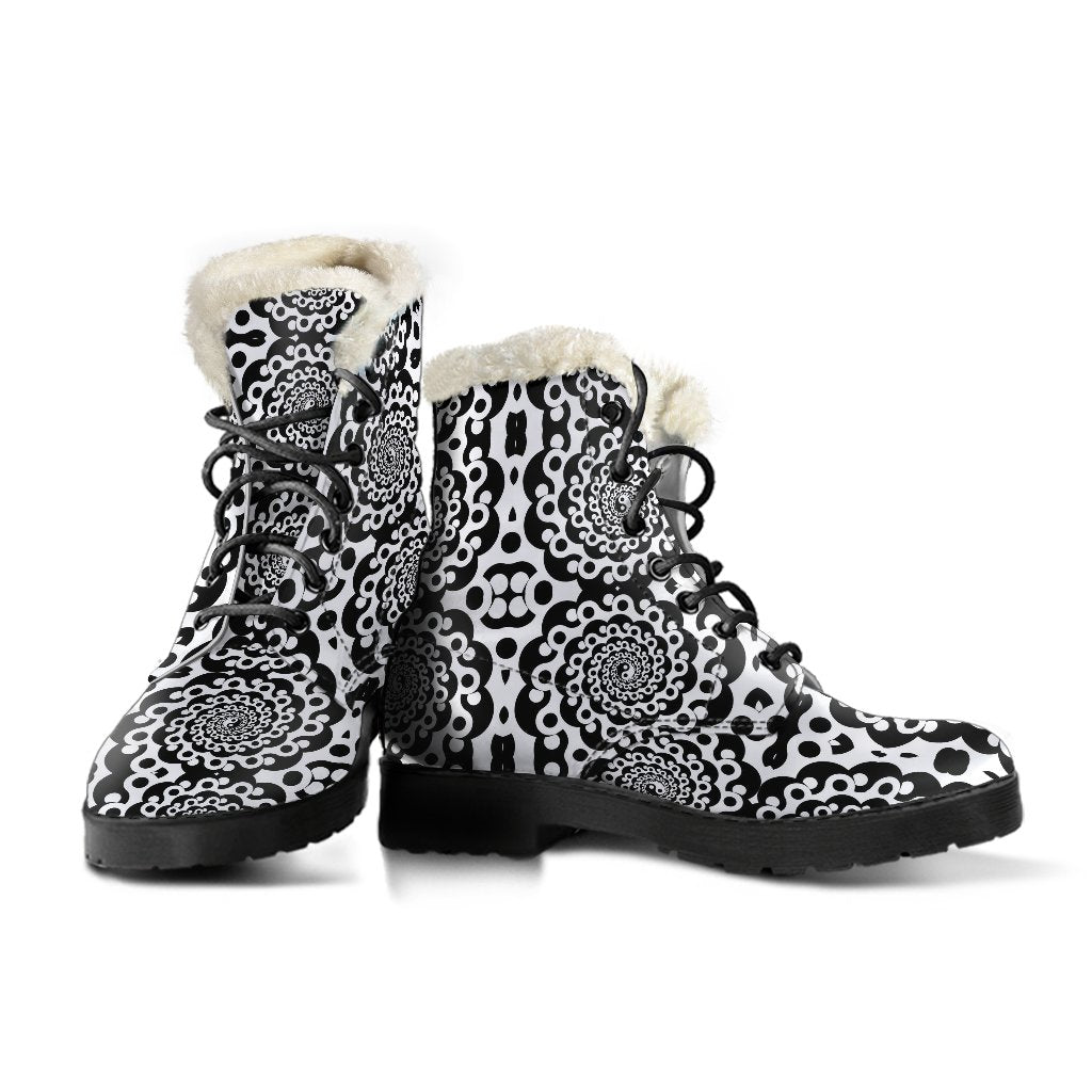 Yin Yang Spiral Design Print Faux Fur Leather Boots-JTAMIGO.COM