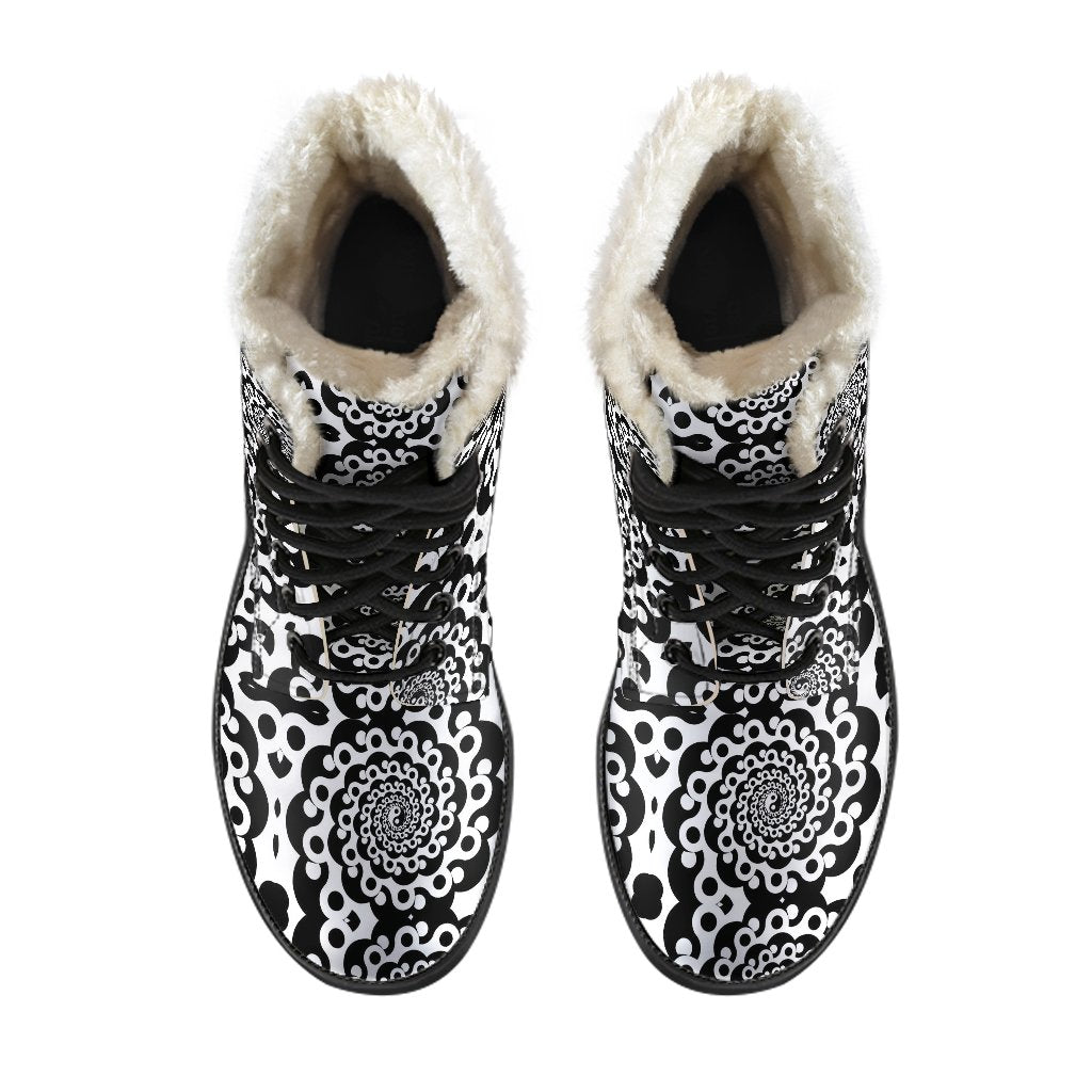 Yin Yang Spiral Design Print Faux Fur Leather Boots-JTAMIGO.COM