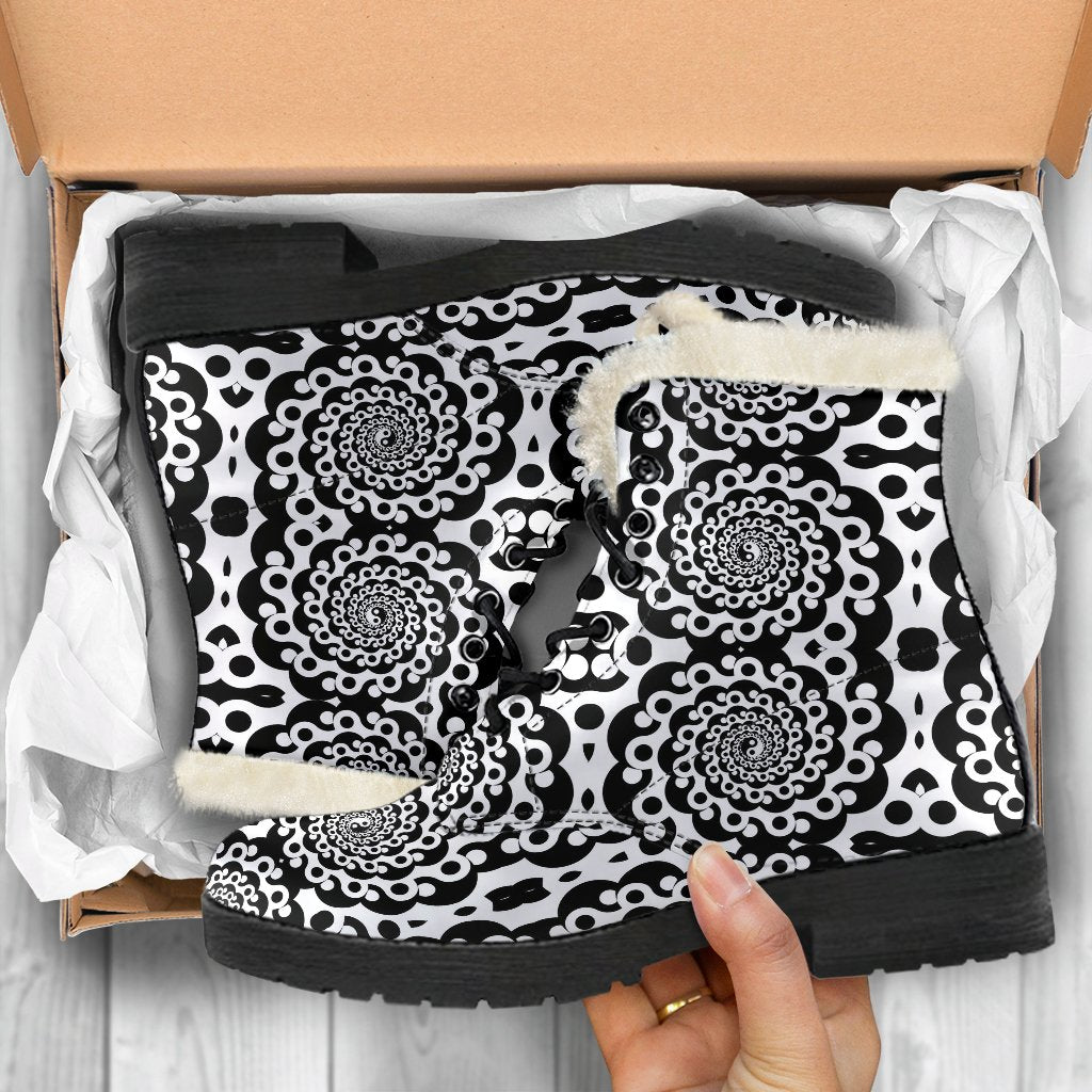Yin Yang Spiral Design Print Faux Fur Leather Boots-JTAMIGO.COM