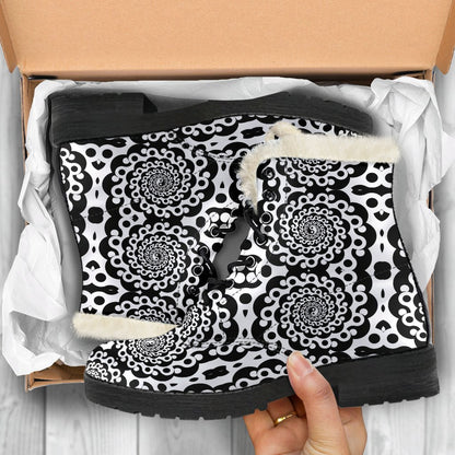 Yin Yang Spiral Design Print Faux Fur Leather Boots-JTAMIGO.COM