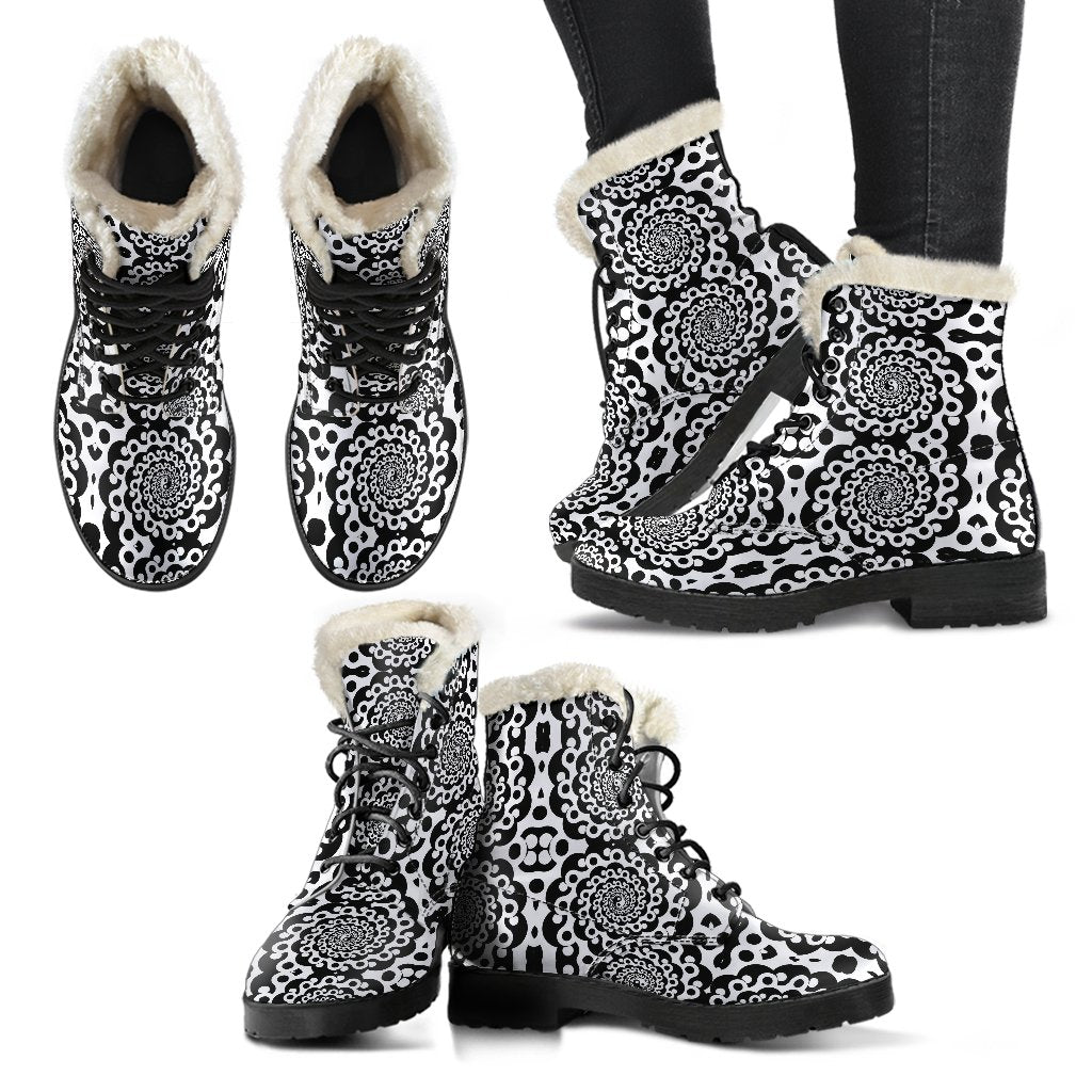 Yin Yang Spiral Design Print Faux Fur Leather Boots-JTAMIGO.COM