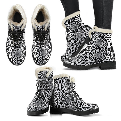 Yin Yang Spiral Design Print Faux Fur Leather Boots-JTAMIGO.COM