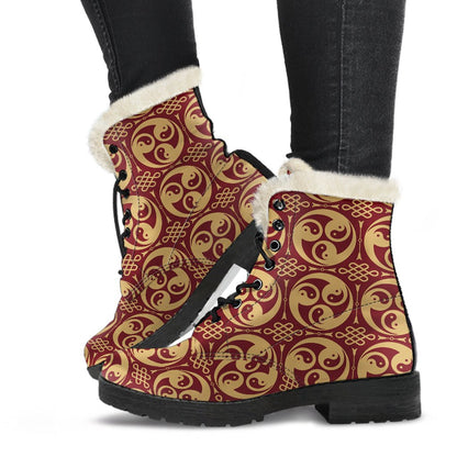 Yin Yang Style Pattern Design Print Faux Fur Leather Boots-JTAMIGO.COM