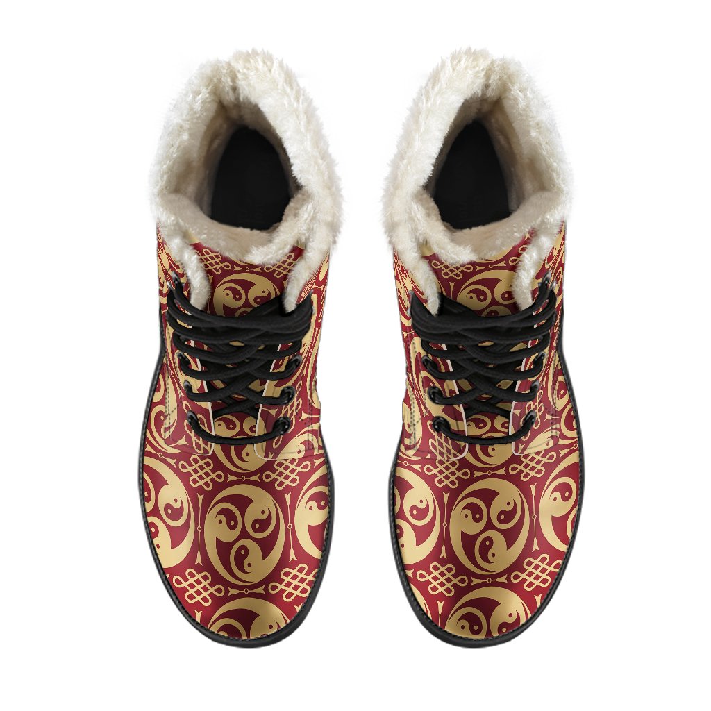 Yin Yang Style Pattern Design Print Faux Fur Leather Boots-JTAMIGO.COM