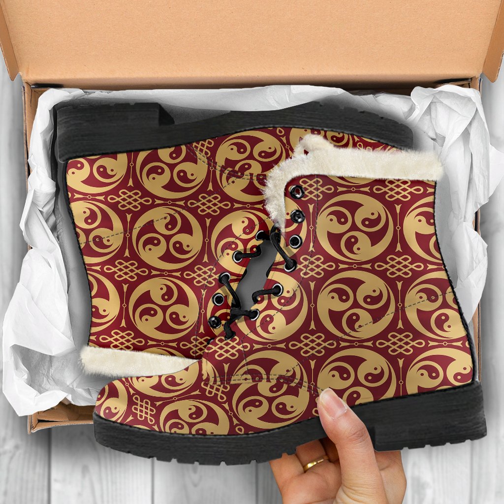 Yin Yang Style Pattern Design Print Faux Fur Leather Boots-JTAMIGO.COM