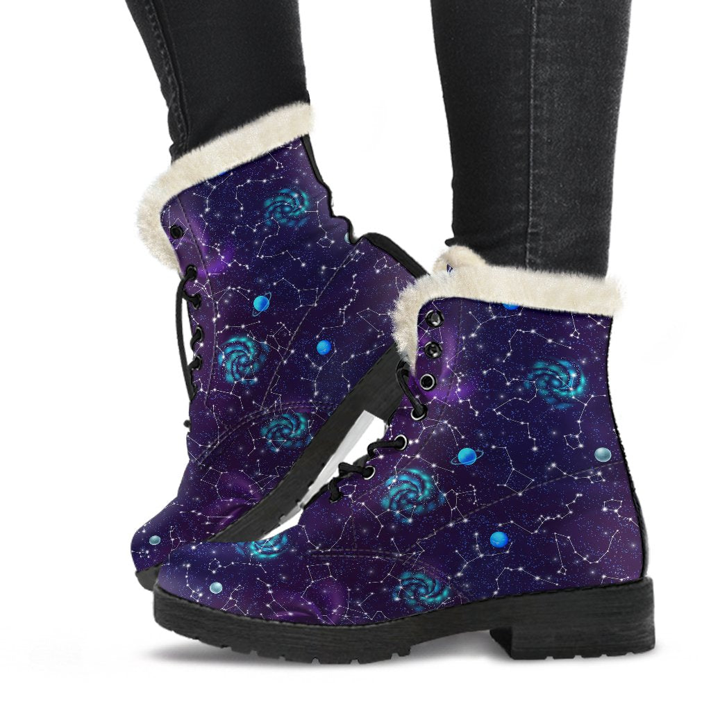 Zodiac Galaxy Design Print Faux Fur Leather Boots-JTAMIGO.COM