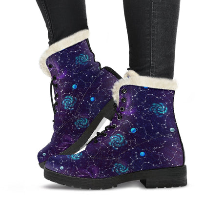 Zodiac Galaxy Design Print Faux Fur Leather Boots-JTAMIGO.COM