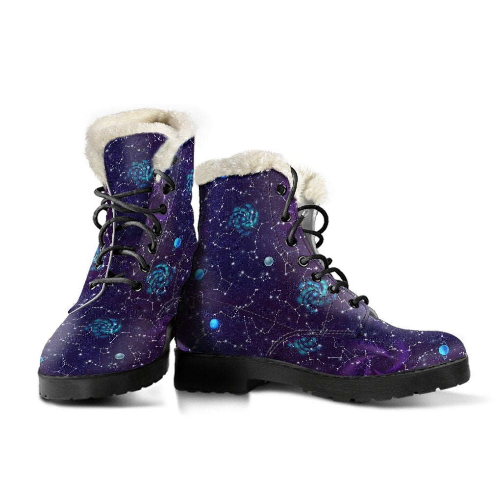 Zodiac Galaxy Design Print Faux Fur Leather Boots-JTAMIGO.COM