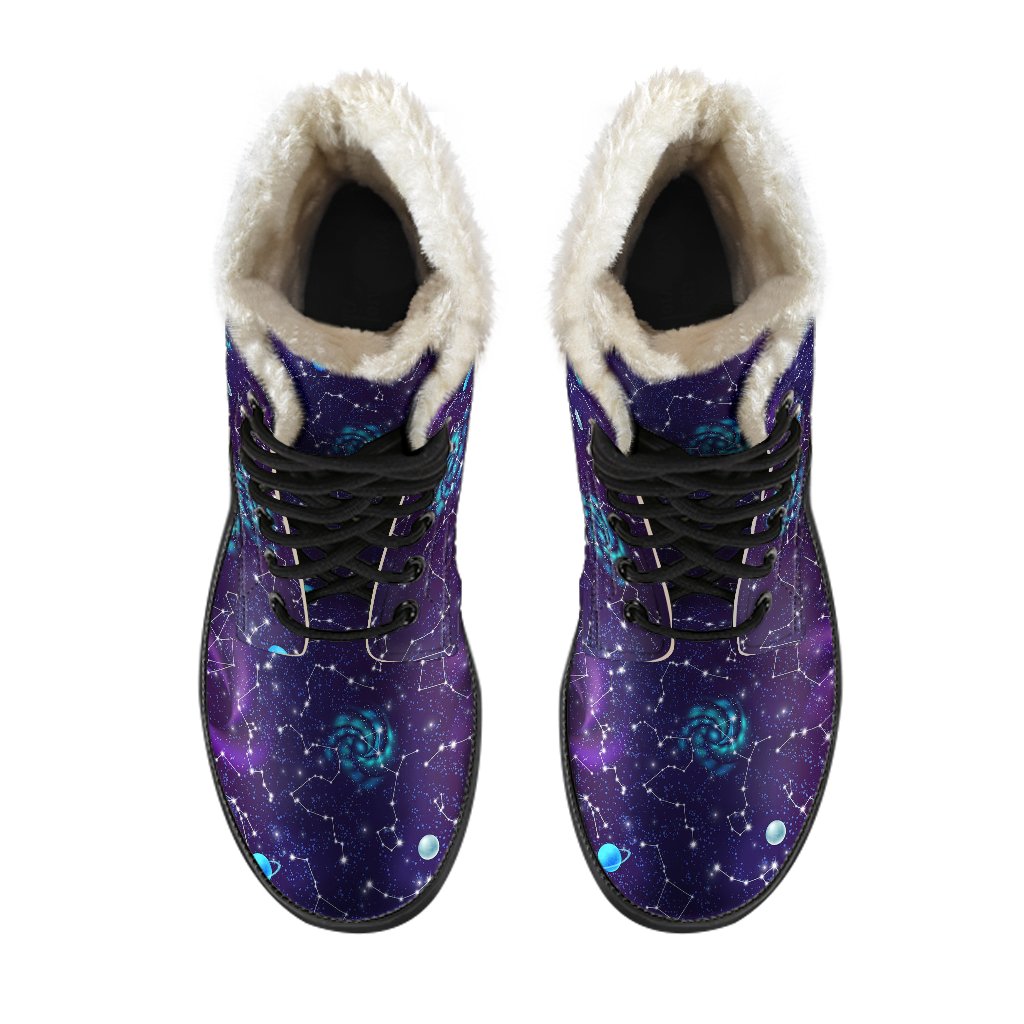 Zodiac Galaxy Design Print Faux Fur Leather Boots-JTAMIGO.COM