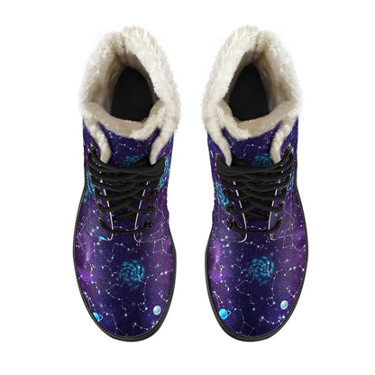 Zodiac Galaxy Design Print Faux Fur Leather Boots-JTAMIGO.COM