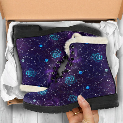 Zodiac Galaxy Design Print Faux Fur Leather Boots-JTAMIGO.COM