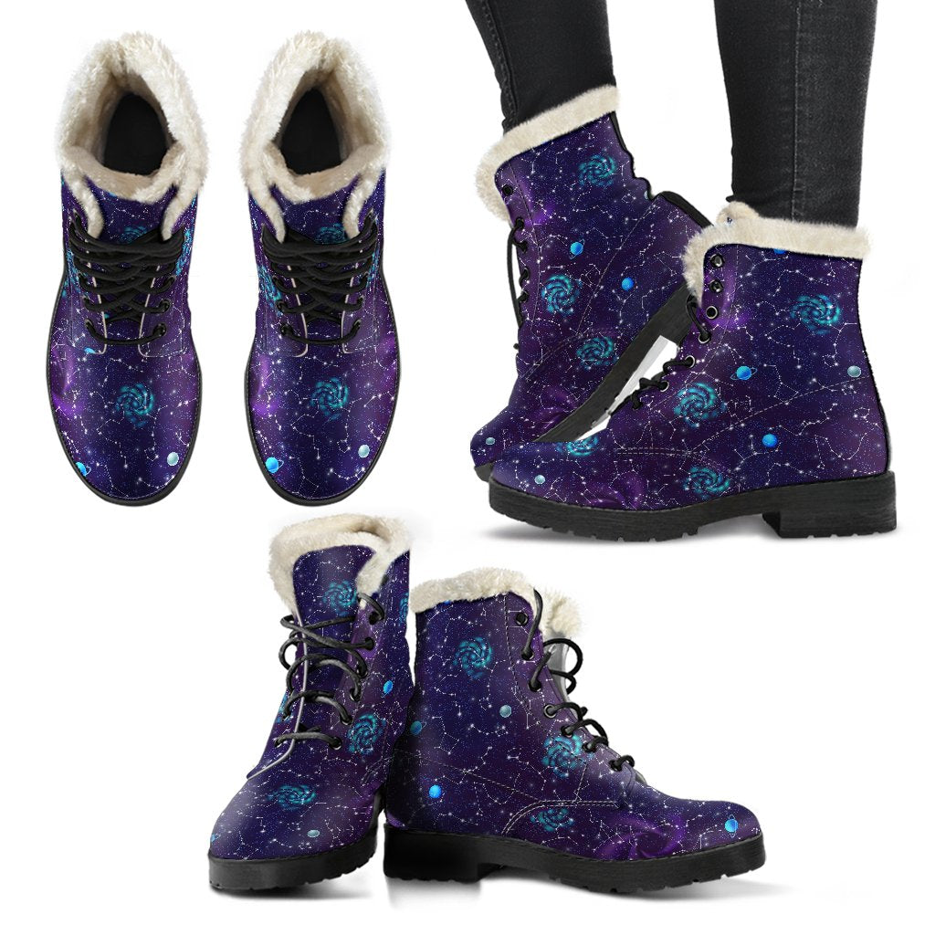 Zodiac Galaxy Design Print Faux Fur Leather Boots-JTAMIGO.COM