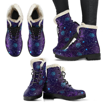 Zodiac Galaxy Design Print Faux Fur Leather Boots-JTAMIGO.COM