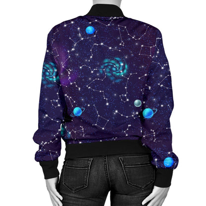 Zodiac Galaxy Design Print Women Casual Bomber Jacket
