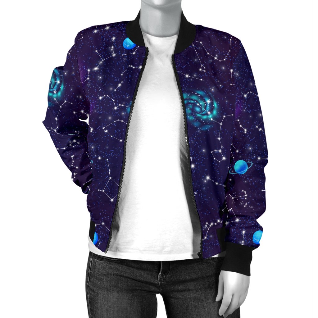 Zodiac Galaxy Design Print Women Casual Bomber Jacket