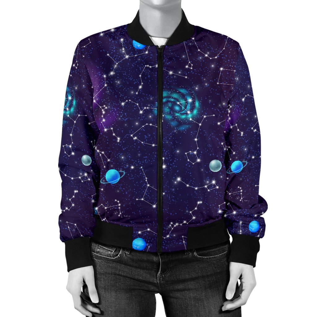 Zodiac Galaxy Design Print Women Casual Bomber Jacket