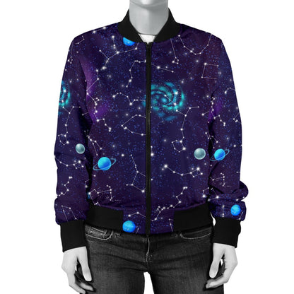 Zodiac Galaxy Design Print Women Casual Bomber Jacket