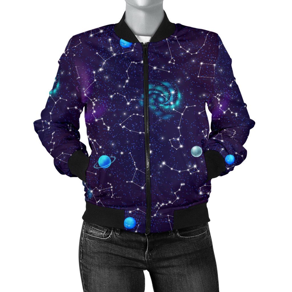 Zodiac Galaxy Design Print Women Casual Bomber Jacket