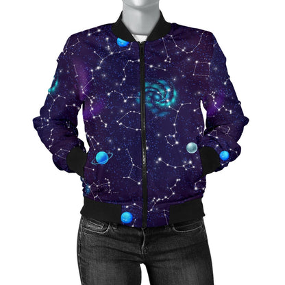 Zodiac Galaxy Design Print Women Casual Bomber Jacket